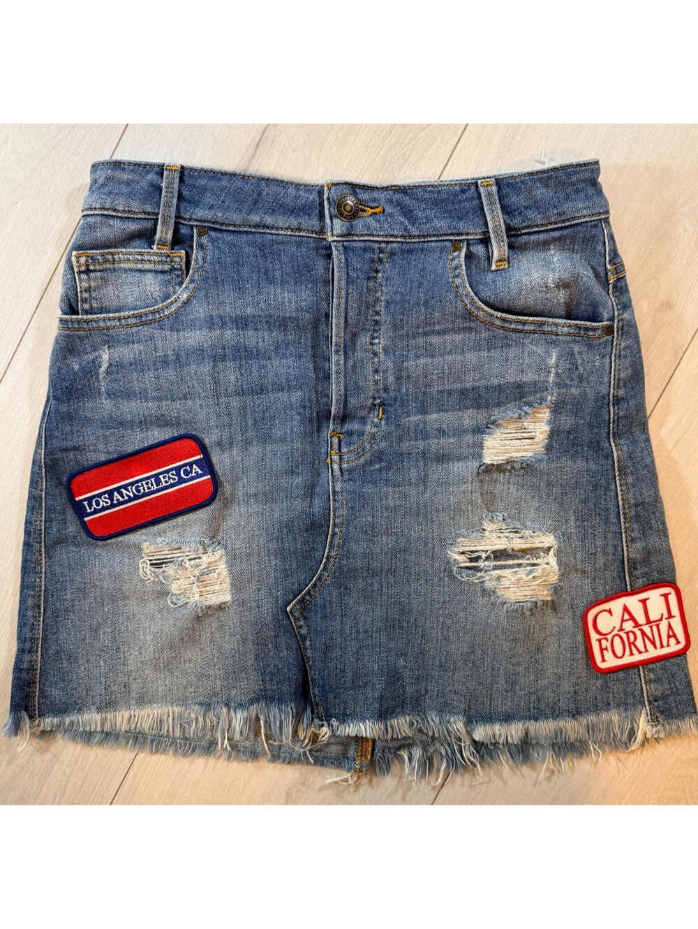 Guess Denim Mini Skirt Patches Distressed Ripped Raw Hem Y2K 90's Size 26